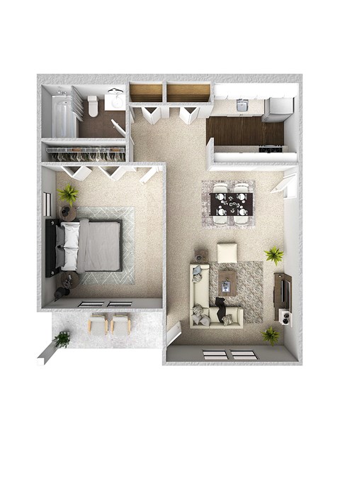 One Bedroom One Bathroom Staged Floor Plan. at Wilkins Glen, Medfield, 02052